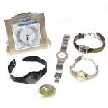 A Bravingtons Ltd, London desk timepiece, two Tissot lady's wristwatches, two Swatch watches and a
