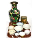 A collection of Chinese tea bowls, a straw work tea caddy and a large cloisonne vase