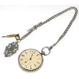 A silver open faced pocket watch with attached silver chain and silver fob