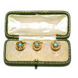 A cased set of three citrine and turquoise dress buttons, faceted round citrine each drilled with
