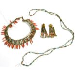 An Egyptian revival coral and ceramic bead collet necklace and clip earring suite, the stiff