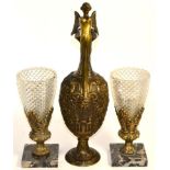 A white metal inlaid ewer with caryatid handle in the Neo Classical taste together with a pair of