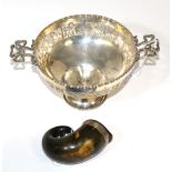 A silver mounted horn snuff mull together with a silver pedestal bon bon dish