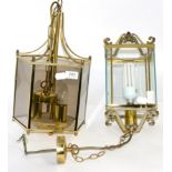 A five sided glass and brass lantern ceiling light together with a four sided example (2)