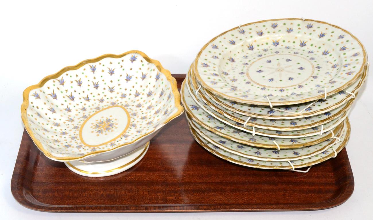 A Derby porcelain part dessert service, circa 1800, painted with flower sprigs within gilt line