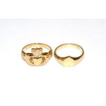 A 9 carat gold Claddagh ring, finger size T and a 9 carat gold heart shaped signet ring, finger size