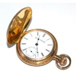 A gold plated full hunter pocket watch, signed Elgin Watch Co, case covers engraved with a stag