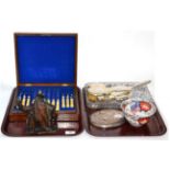 A Victorian set of ivory handled fruit knives, burr walnut case; spelter Orientalist table