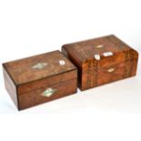 A Victorian Tunbridge ware walnut box and a mother of pearl inlaid burr walnut box of similar