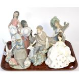 A Lladro girl with geese group; together with six other Lladro figures and a Royal Doulton 'My Love'