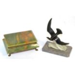A cold painted bronze model of a gull in flight on a marble base together with an onyx box (2)