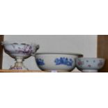 A Wedgwood Willow pattern wash bowl; a Chinese famille rose bowl (a.f.) and an English 19th