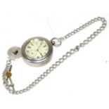 A silver open faced pocket watch with attached silver chain and silver and enamel medal marked on