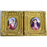 A pair of painted enamel oval plaques, 19th century, depicting a 17th century lady and gentleman,