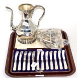 A collection of silver and enamel teaspoons, silver teaspoons, plated teaspoons and a white metal