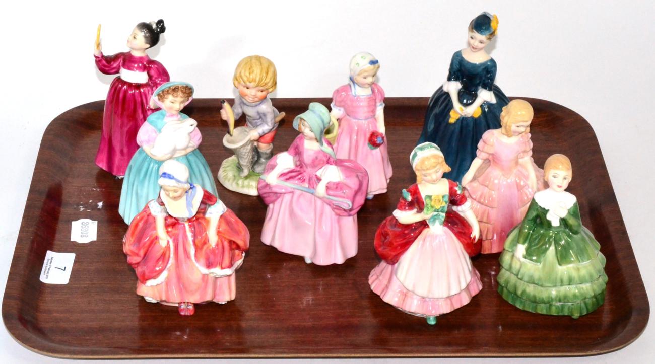 Nine small Royal Doulton figures including an early Goody Two Shoes HN2057 and a Goebel figure (10)