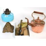 A Victorian oil lamp, a copper kettle, various butter pats, pastry cutters etc