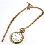 A gold plated open faced pocket watch and a 9ct gold curb link chain