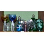 Assorted coloured glasswares including harlequin set of six stemmed glasses, a Victorian green glass