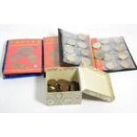 A group of reproduction Chinese coins; three albums of Chinese Ackey and a box of assorted copper