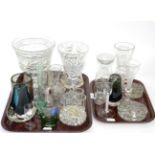 A group of glass including an 19th century twist stem ale glass, Whitefriar's vases etc (two trays)