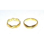 An 18 carat gold scroll band ring, finger size P and an 18 carat gold twisted band ring, finger size