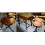 Arts & Crafts oak side table with green leather top and four reproduction wine tables