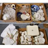 Five boxes of household china and glass together with a box of white linen (6)