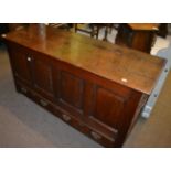 Late George III oak mule chest with hinged lid and two frieze drawers