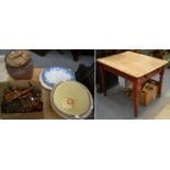 A small pine kitchen table, an aluminum milk churn, bread making bowls, flour bin etc