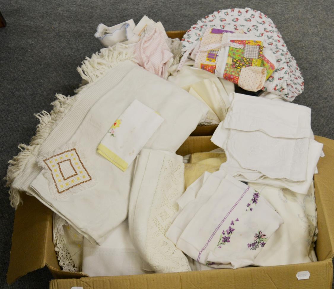 Two boxes of various embroidered and other table linens etc