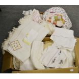 Two boxes of various embroidered and other table linens etc