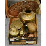 A quantity of Persian and Indian brass ware and two copper jelly moulds