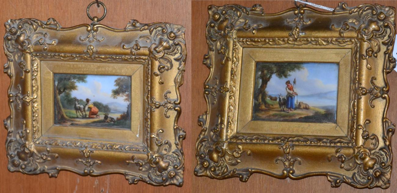 A pair of Continental painted porcelain rectangular plaques, contemporary gilt plated frames