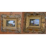 A pair of Continental painted porcelain rectangular plaques, contemporary gilt plated frames
