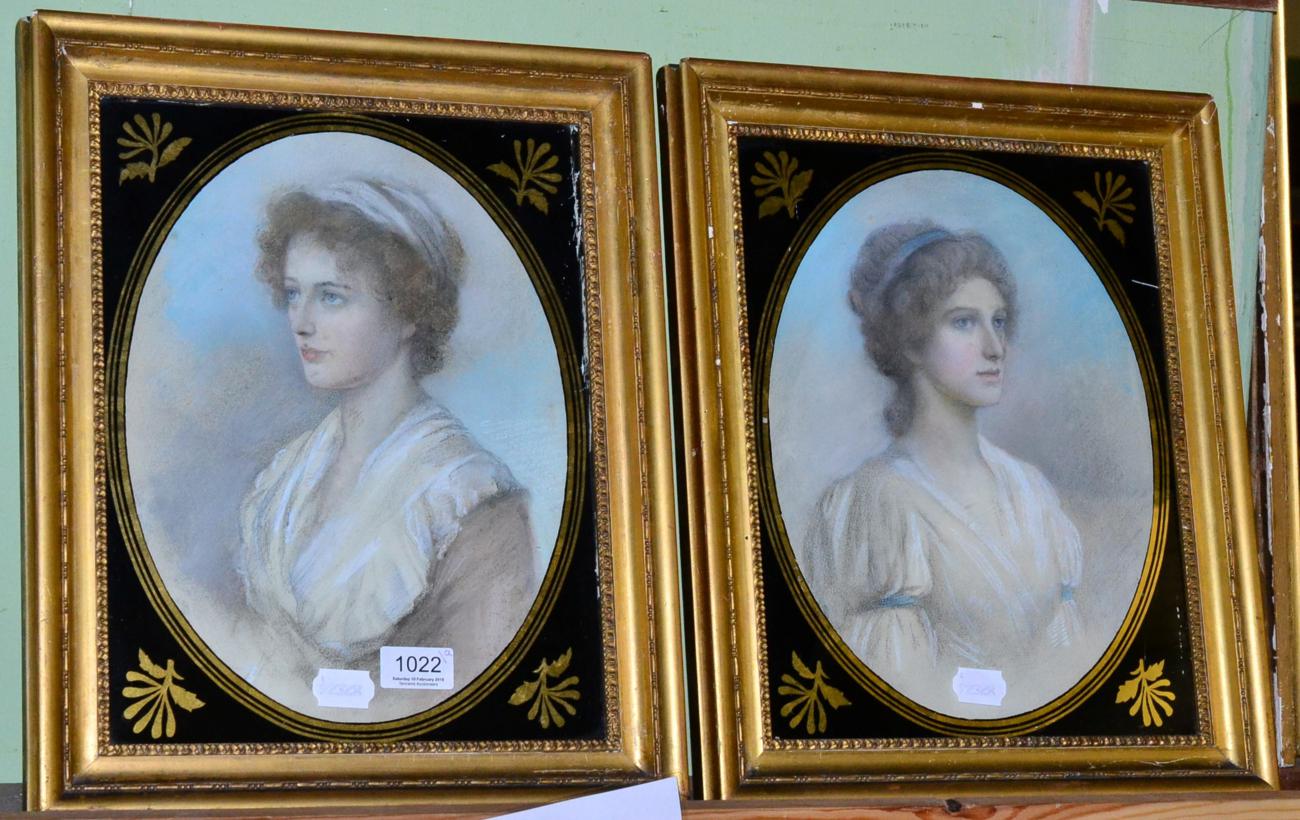 Two 19th century pastel portraits of women in verre eglomise frames