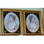 Two 19th century pastel portraits of women in verre eglomise frames