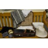 Assorted white linen and textiles, bedspread, Wallis black and cream jacket, Frank Usher velvet