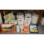 A group of enamelled flour and bread bins, two wash boards, reproduction tin signs etc