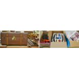 Tri-ang train models, train track, snooker scoreboard, three snooker cues, reproduction doll and a