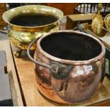 A large brass jardiniere and a copper cauldron