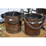 Two coopered oak peat buckets with rope and leather handles (2)
