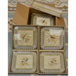 A set of ten framed silk work panels and a lace and mother of pearl fan