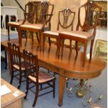 Four various mahogany shield back dining chairs, two pairs of Edwardian chairs, a brass