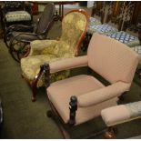 A Victorian mahogany spoonback occasional chair; a Victorian mahogany x-framed chair and a