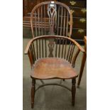George III yew Windsor armchair with elm saddle seat