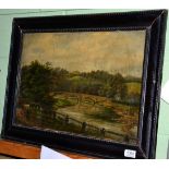 A 19th century oil on canvas picture depicting Sawley Bridge in Lancashire, signed A Waddington