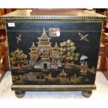 Regency style black painted and gilt decorated hinged box, decorated with Oriental figures