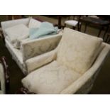 Knoll style drop end sofa upholstered in cream floral fabric; and an armchair upholstered to match