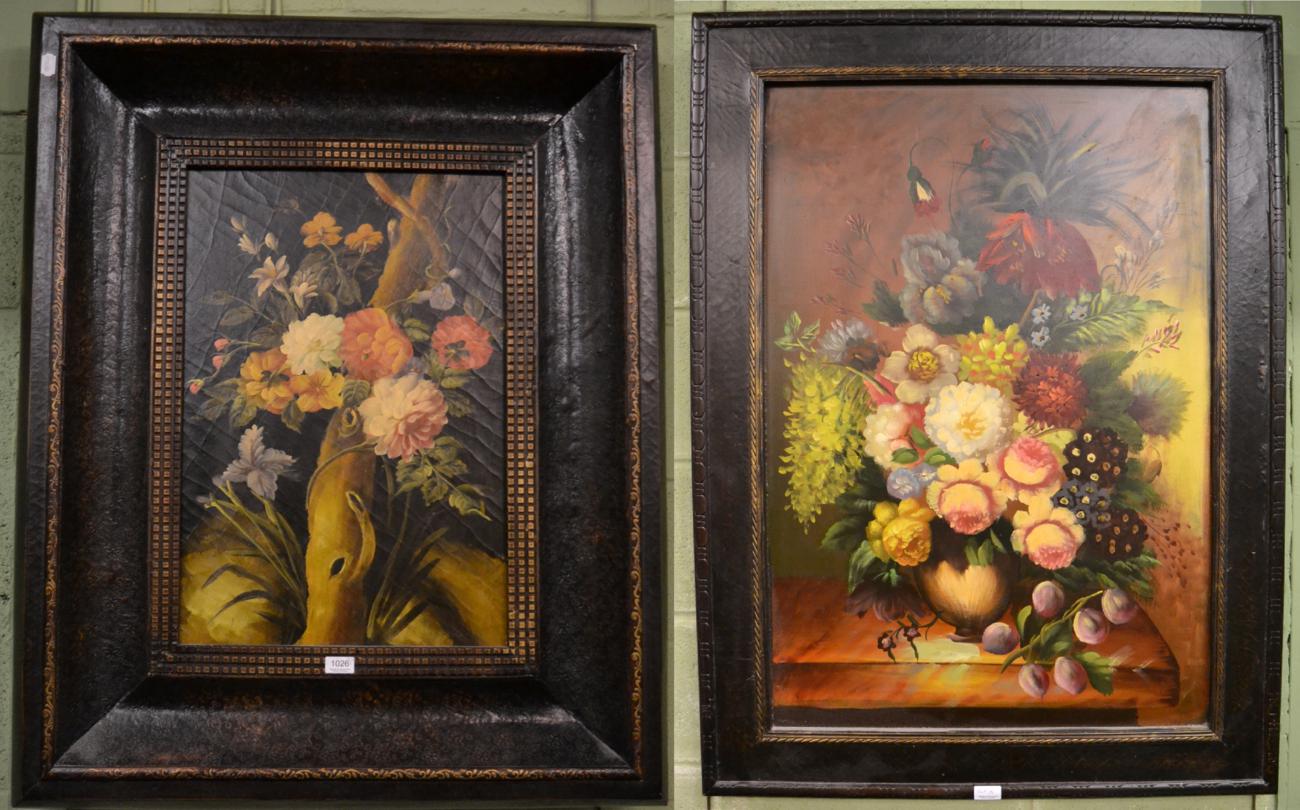 Two still lifes of flowers, oils on board, both framed